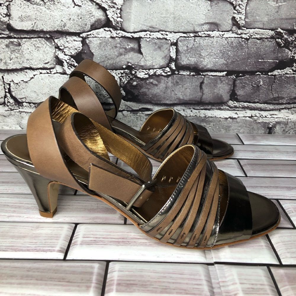 Nanette Lepore Silver Patent Brown Leather Ankle Straps Heels Women Sz 38EU/7.5M
